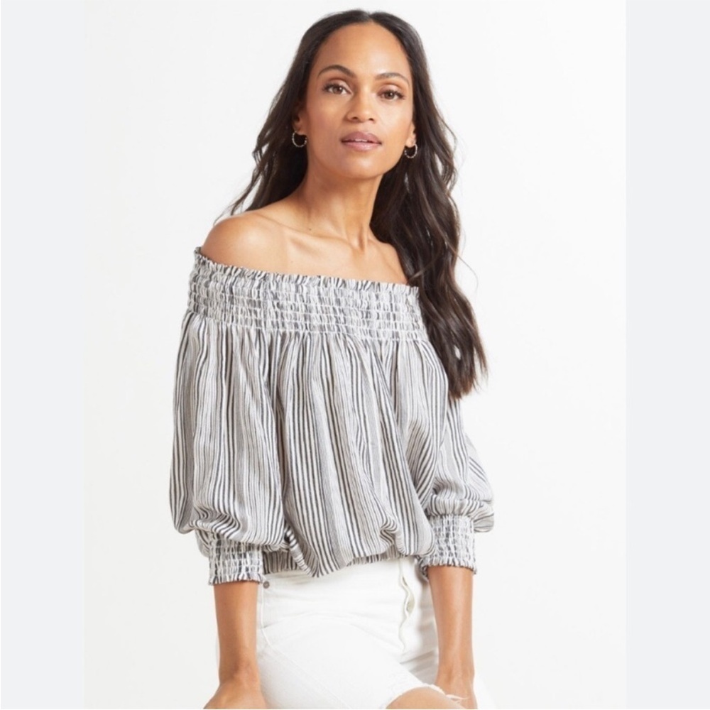 NWT Evereve Sydney Stripe Off Shoulder Smocked Blue White Top XL F27